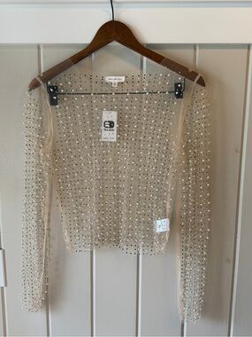 NWT Endless Blu (Buckle) Sheer Crystal-Embellished Nude Mesh Top, Size M